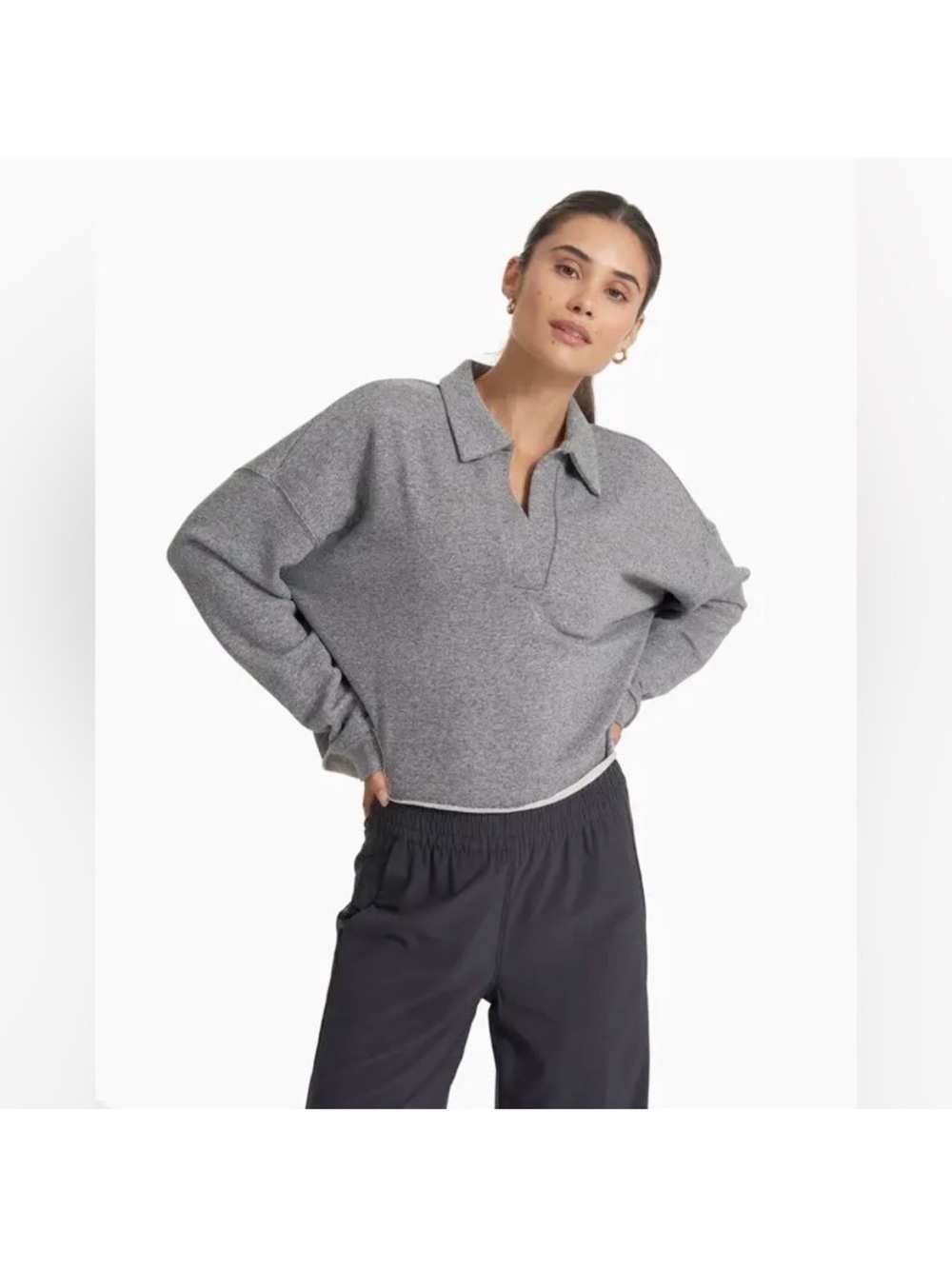 Vuori Sedona Polo Pullover Crop Sweatshirt Heather Grey Medium Oversized